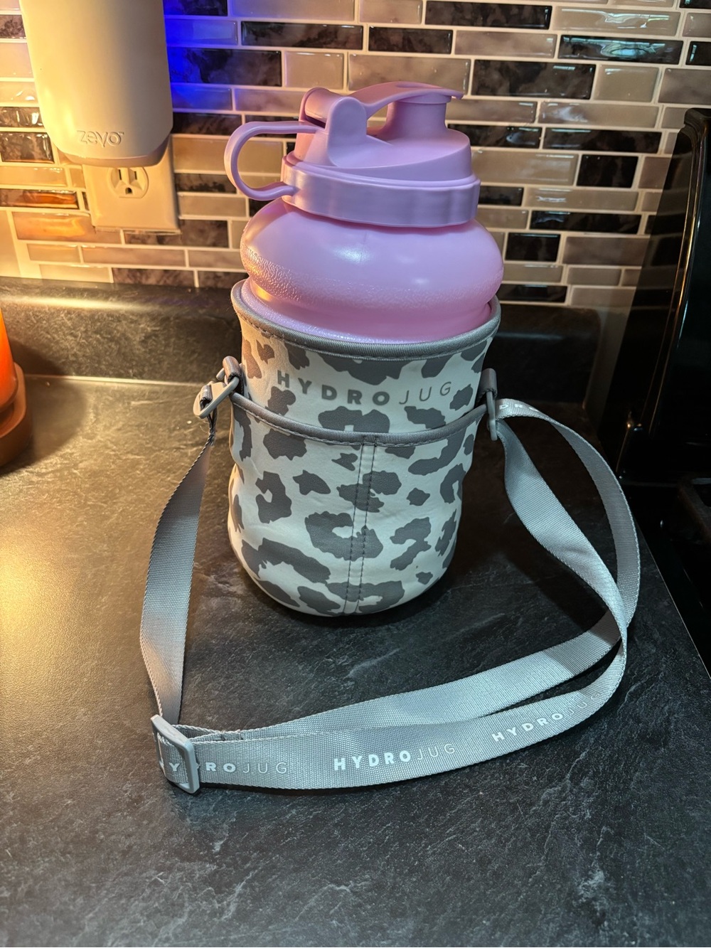 HydroJug Pink Water Bottle Carrier with Gray Leopard Print Strap